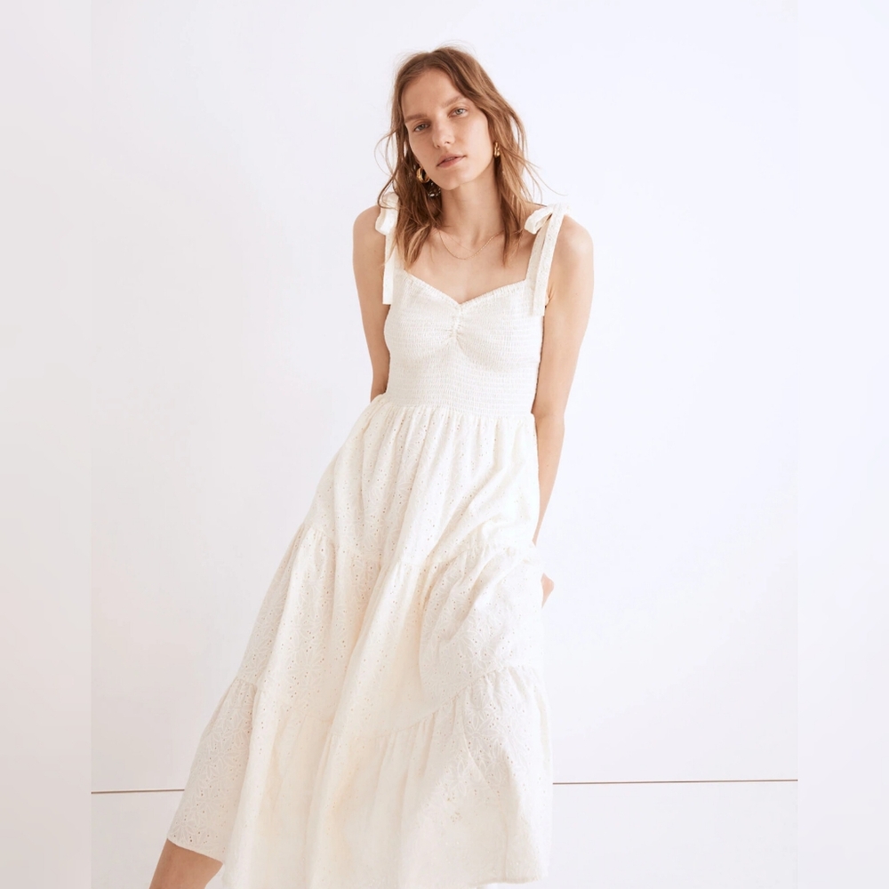 Madewell Eyelet Tie-Strap Lucie Tiered Midi Dress